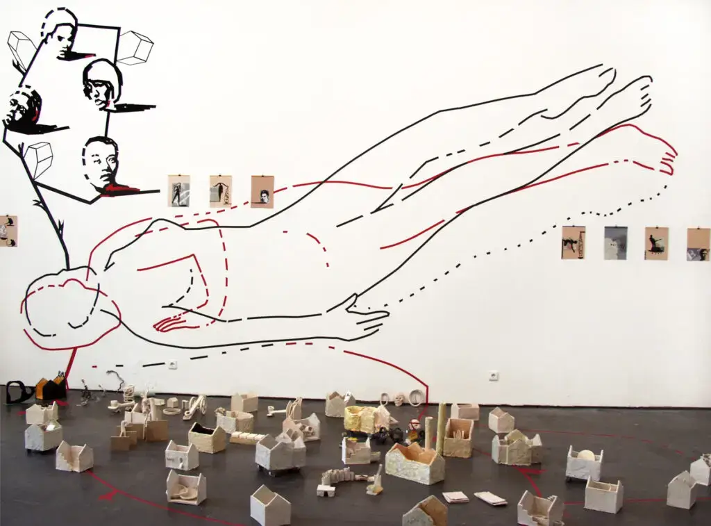 Raumzeichnung mit Klebestreifen Arbeiten aus der Werkgruppe Die andere Baustelle Artforum Offenburg 2006 1