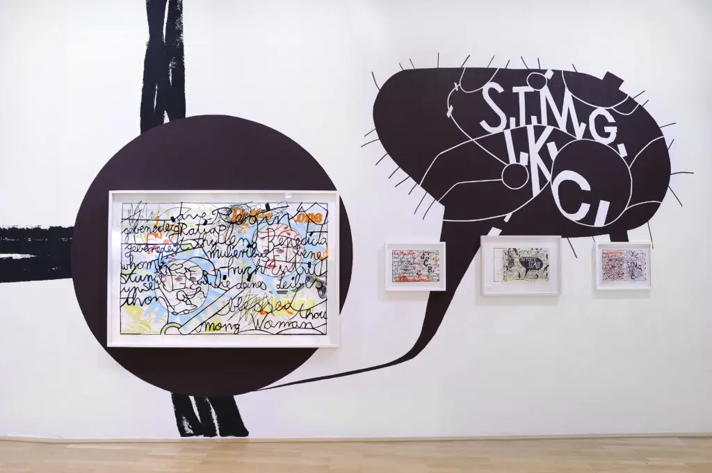 Wandmalerei Arbeiten aus der Reihe Coverschnitte Monitor mit Trickfilm 2018 Städtische Galerie Neunkirchen 3